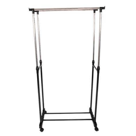 Dual Bar Vertical Stretching Stand Clothes Rack With Shoe Shelf Rolling