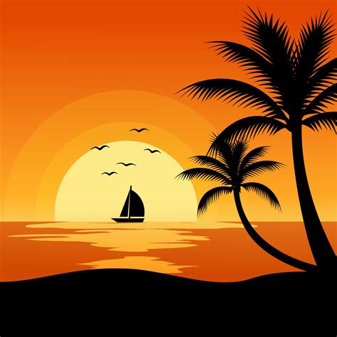 Ocean Sunset View With Boat And Palm Trees 3428307 Vector Art At Vecteezy