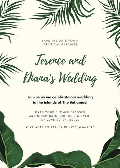 ivory  green tropical leaves wedding invitation