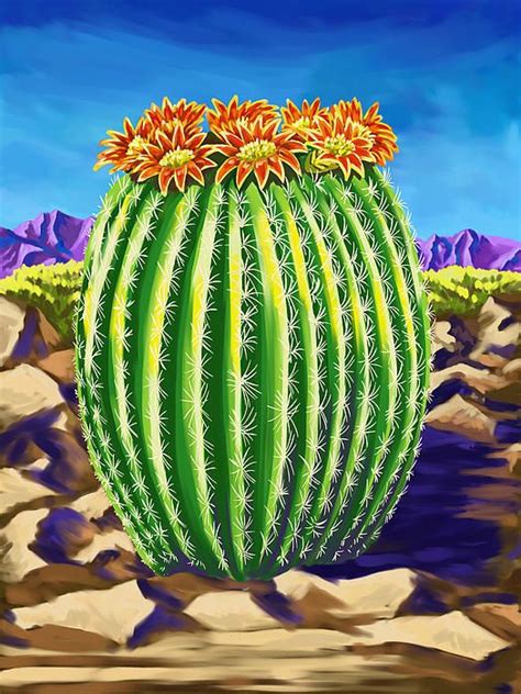 Blooming Barrel Cactus By Tim Gilliland Cactus Painting Cactus