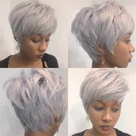 A bob that stops at the jawline pairs well with long straight bangs and a heavy part for texture. Chic Stacked Silver Pixie with Messy Texture and Feathered ...