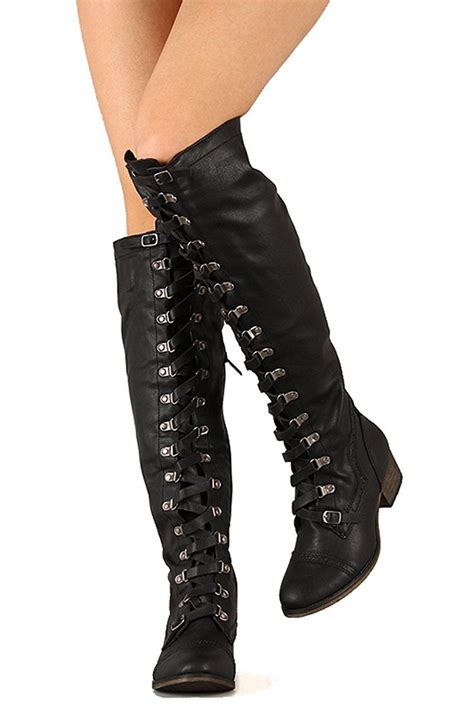 Lace Up Over The Knee High Boots Vegan Faux Leather Black Wow I Love This Check It Out Now