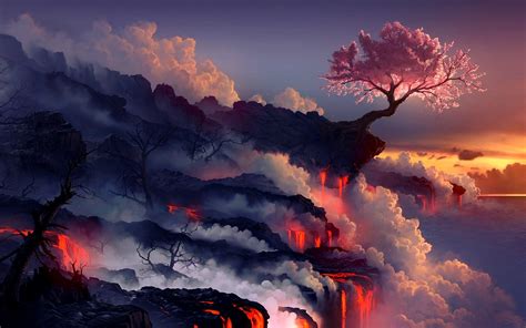 Landscapes Trees Lava Digital Art Cherry Tree 1680x1050 Wallpaper