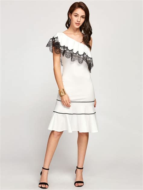 Contrast Lace Trim Flounce One Shoulder Dress Sheinsheinside Dress