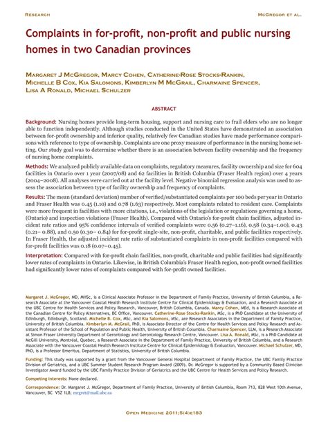 pdf complaints in for profit non profit and public nursing homes in two canadian provinces