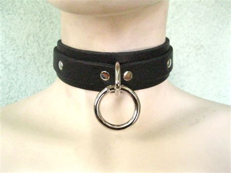 Black Leather Choker Collar With One Heavy Nickel Plated Ring