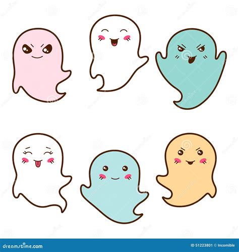 Set Of Kawaii Ghosts With Different Facial Stock Vector Illustration