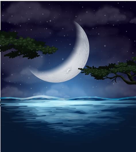 Premium Vector A Crescent Moon Reflection On Water