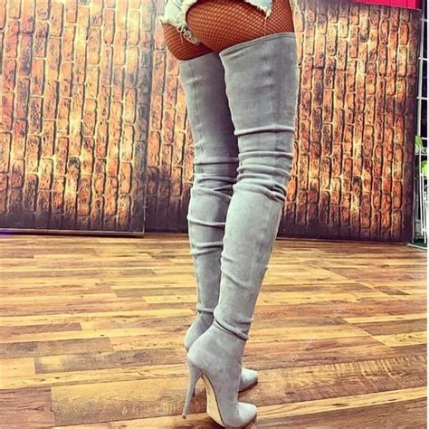grey suede thigh high boots stiletto high heels 2017 new slim stretch fall boots over the knee
