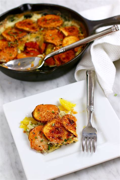 You can eat one loaf now and freeze the other for later. Butternut Squash + Sweet Potato Gratin - Whitney E. RD