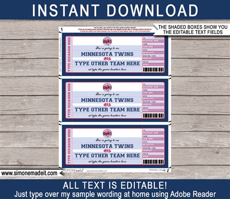 Minnesota Twins Game Ticket T Voucher Printable Surprise Baseball