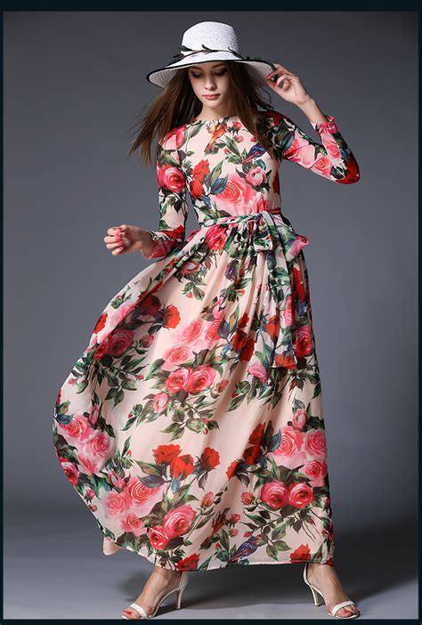 2018 Long Sleeve O Neck Floral Print Maxi Dresses Women Maxi Chiffon