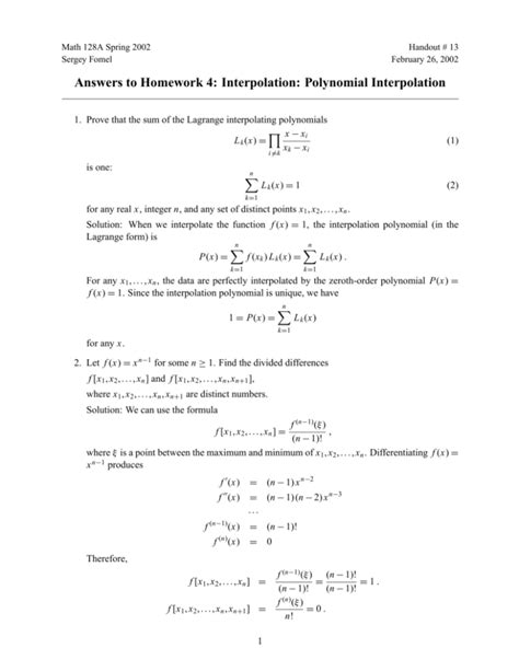 Answers To Homework 4 Interpolation Polynomial Interpolation