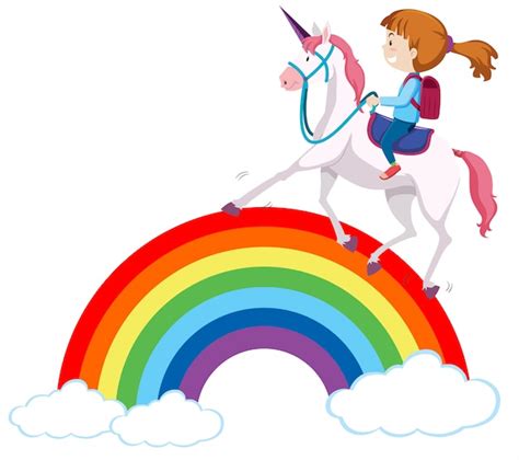 Premium Vector Girl Riding Unicorn Over Rainbow