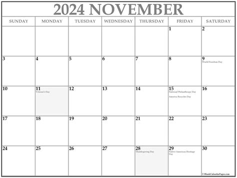 November 2024 With Holidays Calendar