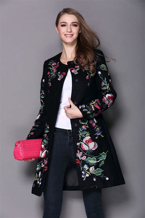 2017autumn Winter Long Coat Vintage Embroidery Cashmere Trench Slim
