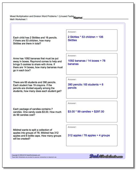 We include many mixed word problems or word problems with irrelevant data so that students must think about the problem carefully rather than just apply a formulaic solution. Extra Facts Multiplication and Division Word Problems
