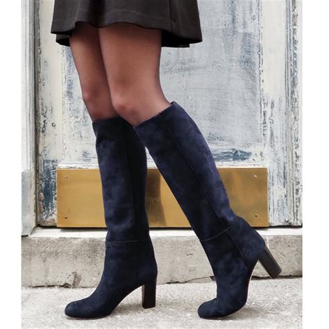 Navy Blue Suede Leather Knee High Boots Women Blue High Boots Navy