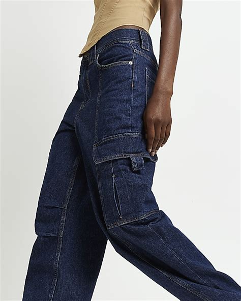 Blue Mid Rise Pocketed Cargo Jeans River Island