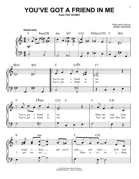 Download Easy Piano Sheet Music To Youve Got A Friend In Me By Randy