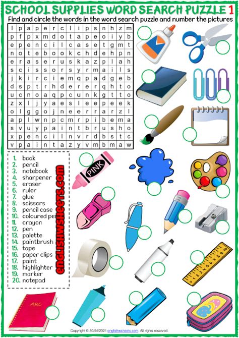 School Supplies Esl Word Search Puzzle Worksheets School Supplies