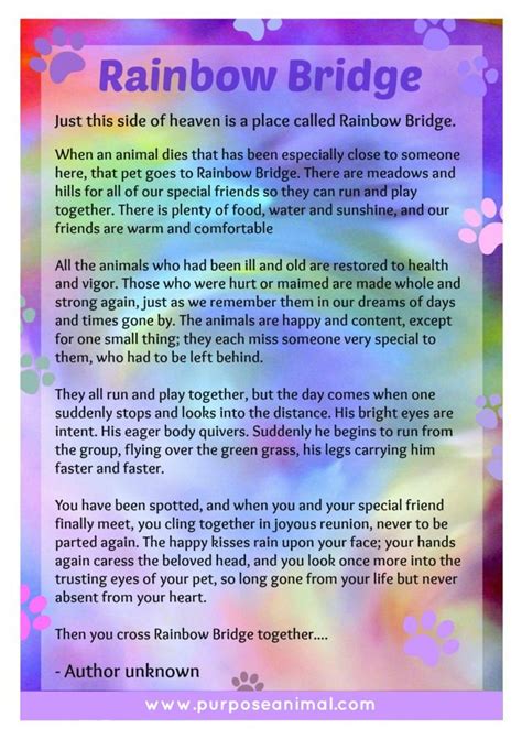 Order this very special personalized rainbow bridge poem. Rainbow Bridge Poem For Pet Loss: For those that have lost a much loved pet - I hope you find co ...