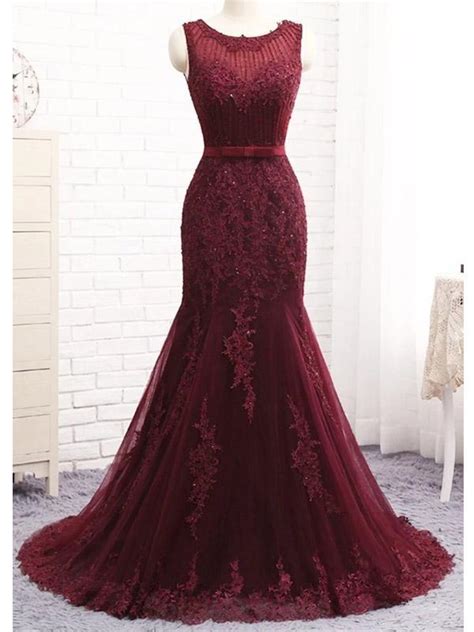 scoop maroon lace beaded mermaid long evening prom dresses evening pa sposadresses