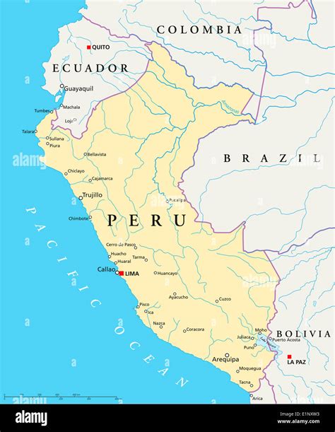 Perú Mapa Político Con La Capital Lima Las Fronteras Nacionales La