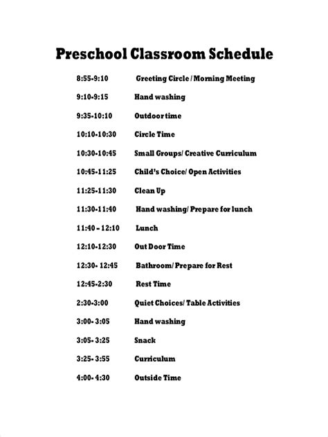 Schedule For Preschool Classroom