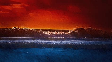 Ocean Wave Painting Artwork Red Sky Waves Hd Wallpaper Wallpaper