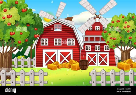 Farm Scene With Red Barn And Windmill Illustration Stock Vector Image