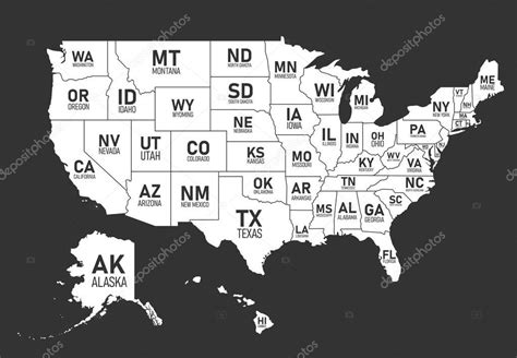 mapa de estados unidos de américa con nombres de estado y abreviaturas impresión en blanco y