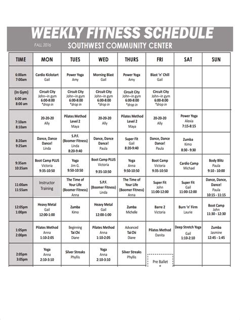 fitness schedule examples samples
