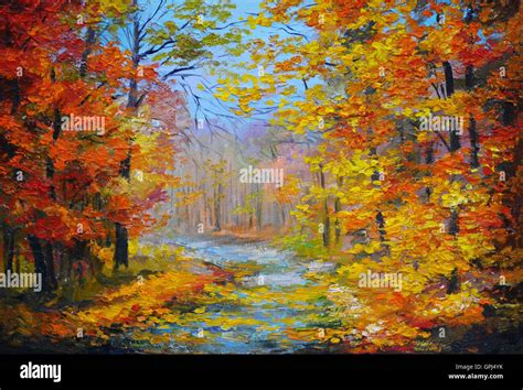 Oil Painting Landscape Colorful Autumn Forest With The Trail With