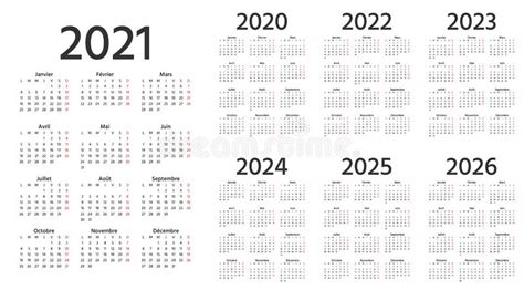 French Calendar 2021 2022 2023 2024 2025 2026 2020 Years Vector