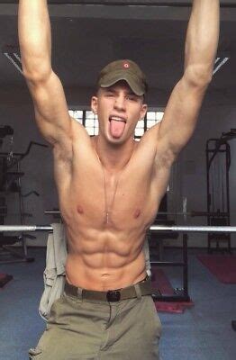 Shirtless Male Muscular Arm Pits Tongue Out Military Hunk Jock Photo
