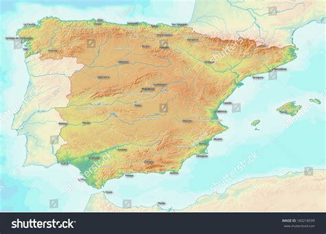 Map Showing Topography Spain Largest Towns Stock Illustration 160218599