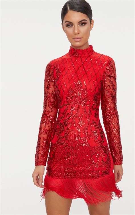 Red Sequin Long Sleeve Tassel Hem Bodycon Dress Prettylittlething Usa