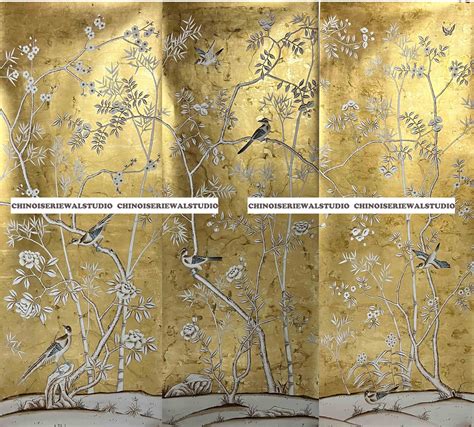 Chinoiserie Panel Hand Painted Wallpapers On Antiqued Gold Etsy Uk