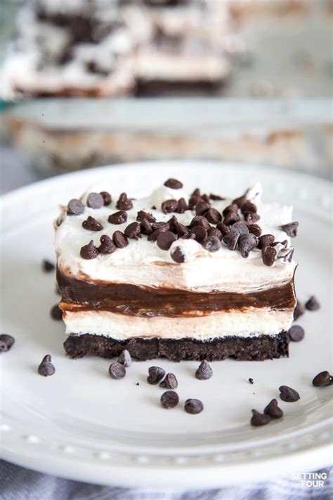 This chocolate lasagna dessert has layers of creamy chocolate. Easy Chocolate Lasagna - No Bake Dessert - Setting for Four