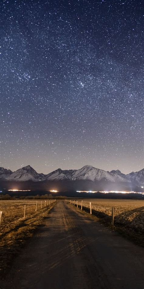 Download Wallpaper 1080x2160 Landscape Mountains Road Starry Night