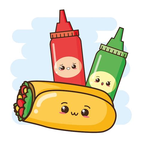 Illustration Mignonne De Burrito Et De Sauces Kawaii Fast Food