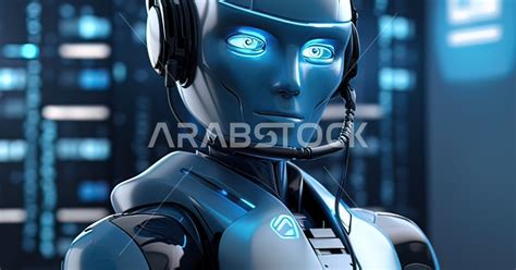 رجل آلي بعيون زرقاء يرتدي سماعة اذن سلكية، استخدام روبوتات ذكية متطور ة