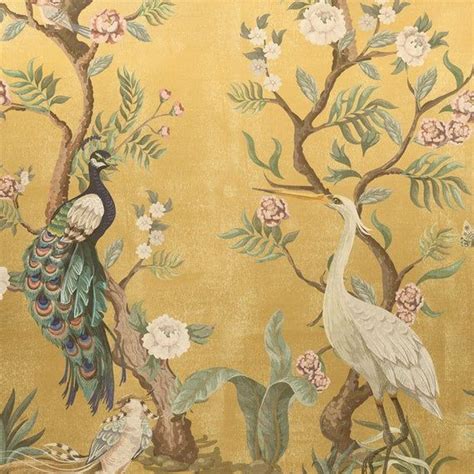 Gold Metallic Chinoiserie Cherry Blossom Bird Luxury Wallpaper Mural