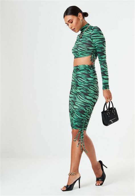 Missguided Lissy Roddy X Green Zebra Print Slinky Ruched Midaxi Skirt