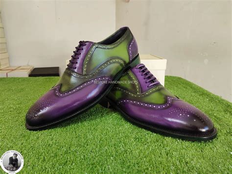 Handmade Genuine Green And Purple Leather Wingtip Brogue Oxford Lace U Bespoke Handmade Shoes