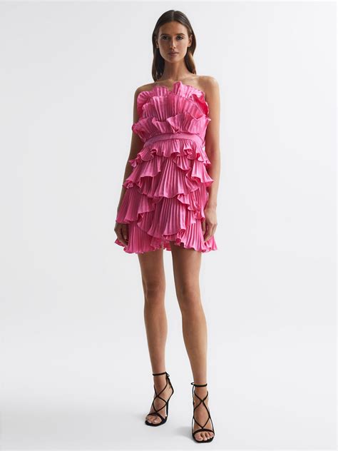 Reiss Amur Strapless Ruffle Mini Dress In Watermelon Reiss