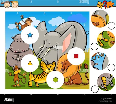 Cartoon Illustration Of Match The Pieces Educational Game For Preschool