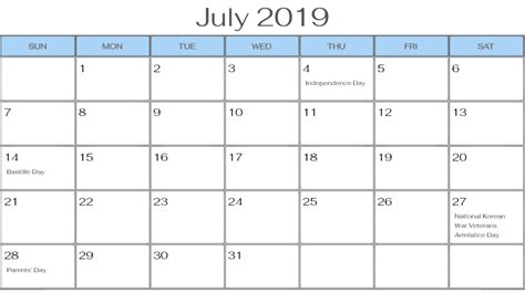 July 2019 Calendar Usa Federal Holidays Calendar Usa Holiday