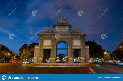 Scenic Night Shot Of The Puerta De Toledo Gate In Madrid Spain Stock